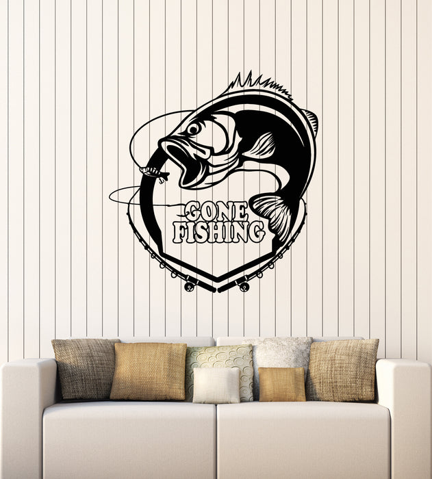 Vinyl Wall Decal Gone Fishing Rod Fish Hobby Man Decor Stickers