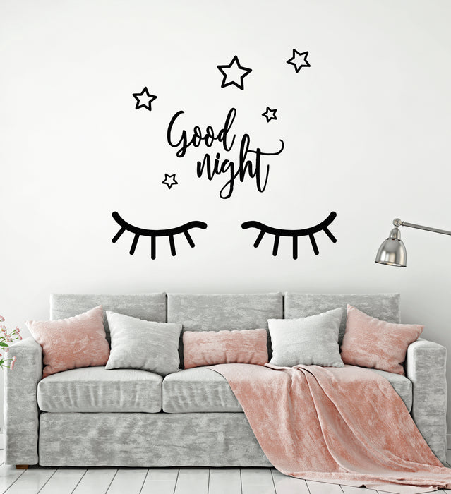 Vinyl Wall Decal Closed Eyes Good Night Stars Sleep Bedroom Quote Stickers Mural (g917)