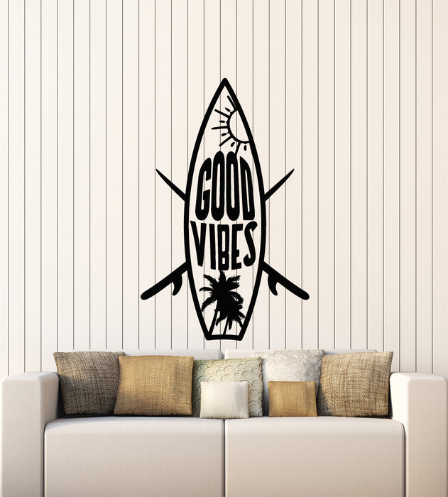 Vinyl Wall Decal Surfboard Good Vibes Inspiring Phrase Beach Style Stickers Mural (g4702)