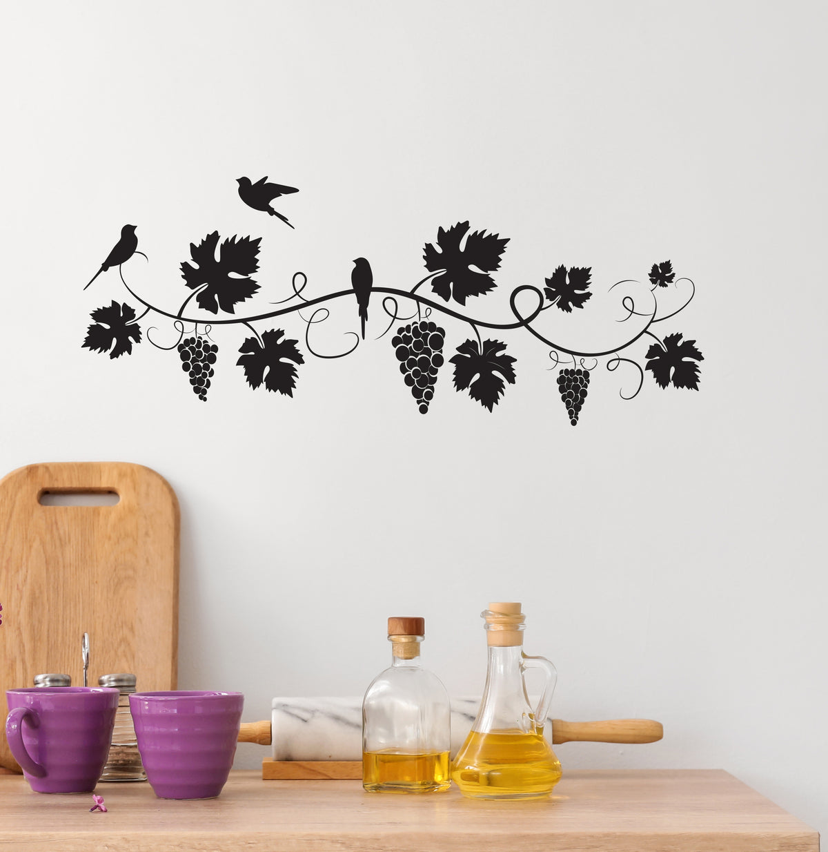 Vinyl Wall Decal Grapes Leaves Berries Wine Birds Restaurant Bar Kitch