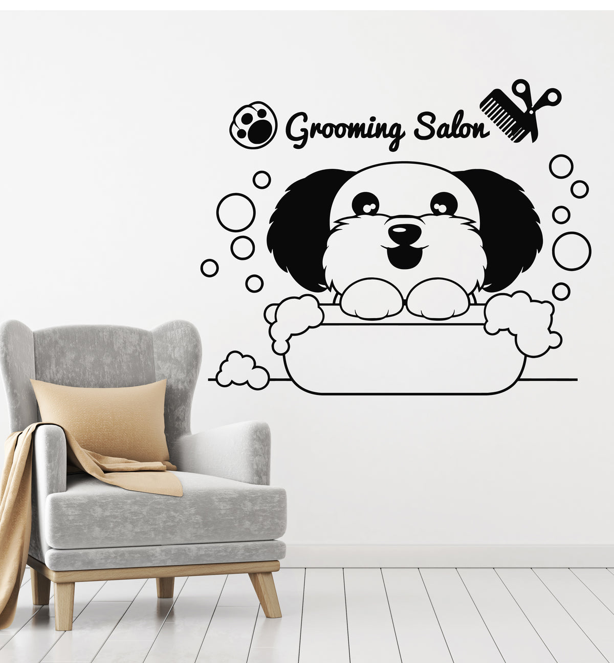Grooming Sticker Vinyl Wall Decal Grooming Dog Beauty Salon Pets Care Bath Bubbles Stic ...