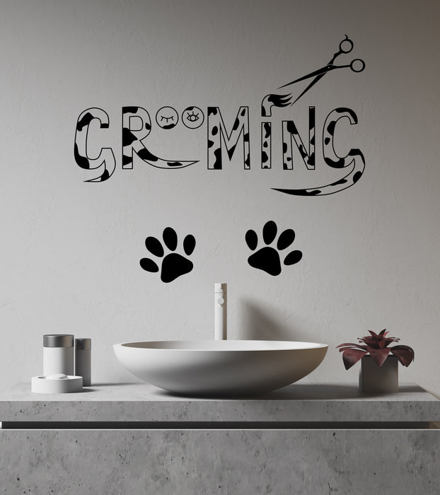 Pets Beauty Salon Vinyl Wall Decal Grooming Scissors Black White Inscription Paws Stickers Mural (k113)