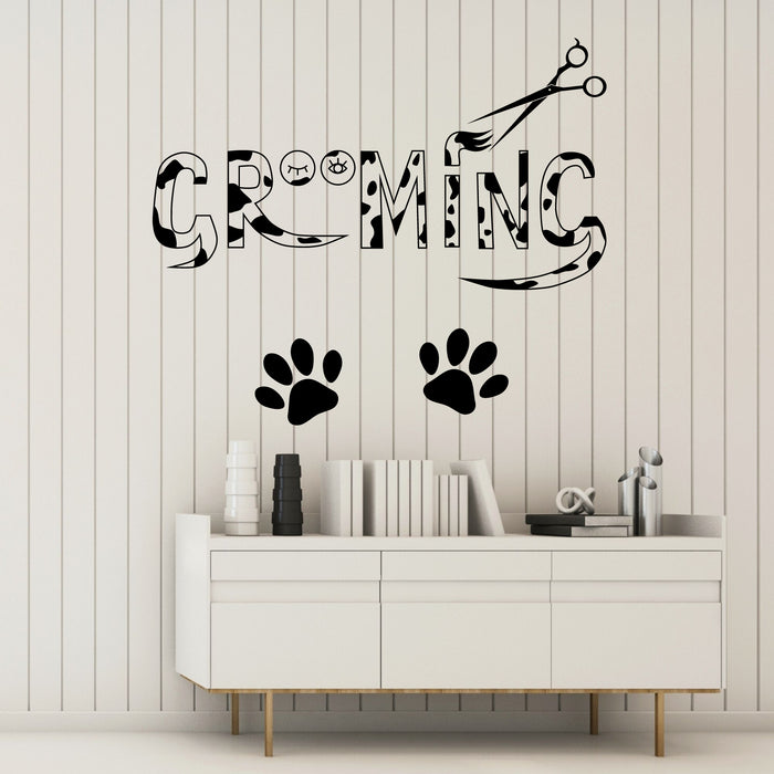 Pets Beauty Salon Vinyl Wall Decal Grooming Scissors Black White Inscription Paws Stickers Mural (k113)
