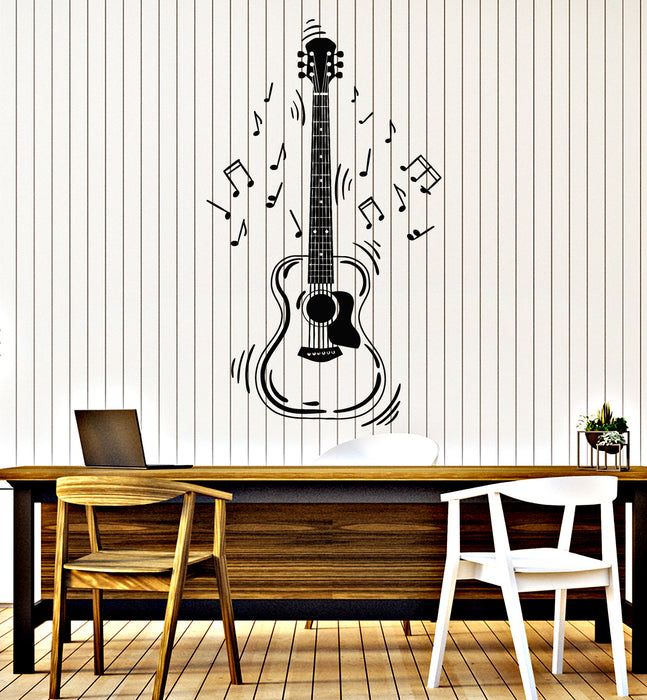 Vinyl Wall Decal Acoustic Guitar With Notes Musical Instrument Sound Stickers Mural (g7152)