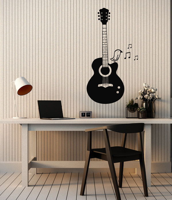 Vinyl Wall Decal Acoustic Guitar Bird Musical Notes Music School Stickers Mural (g7168)