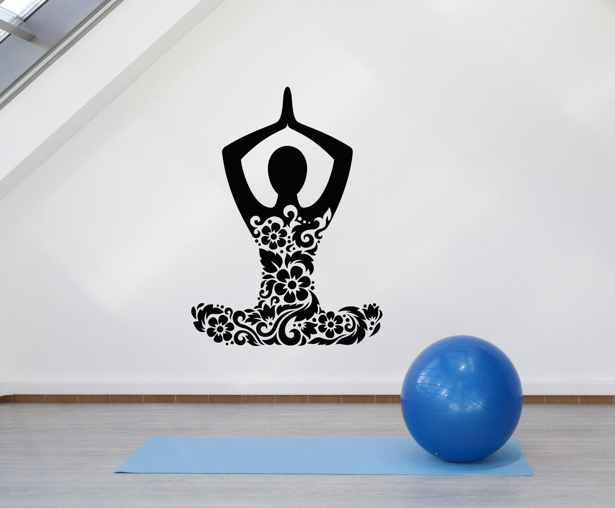 Vinyl Wall Decal Yoga Studio Meditation Om Lotus Pose Flowers Stickers ...