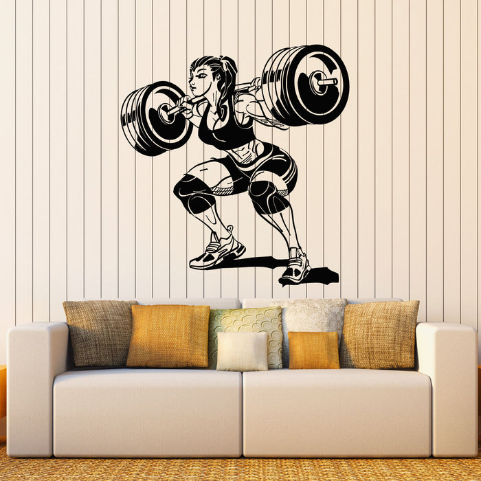 Vinyl Wall Decal Girl With Barbell Beautiful Fitness Gym Interior Stickers Mural (g8462)