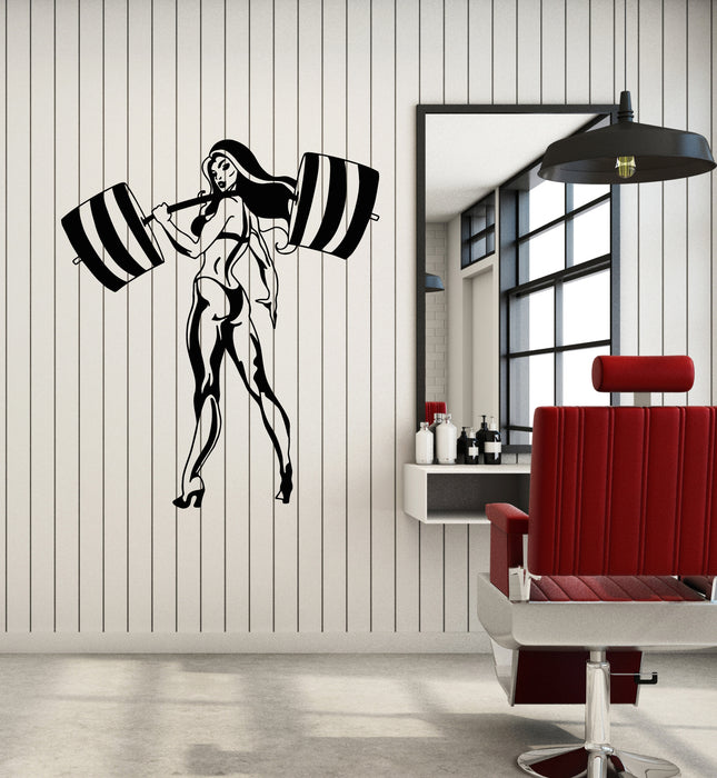 Vinyl Wall Decal Strong Fitness Sexy Girl With Barbell Gym Stickers Mural (g7427)