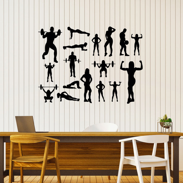 Gym Vinyl Wall Decal Fitness Icons Sport Workout People Stickers Mural (k076)