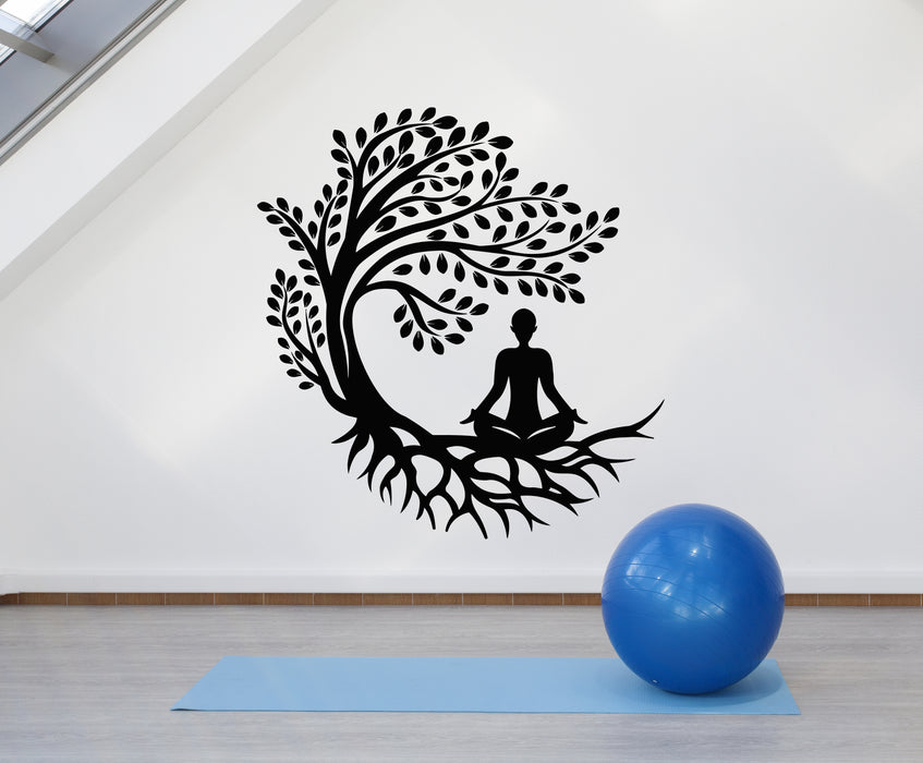 Vinyl Wall Decal Tree Roots Leaves Yoga Room Decor Meditation Pose Stickers Mural (g4745)