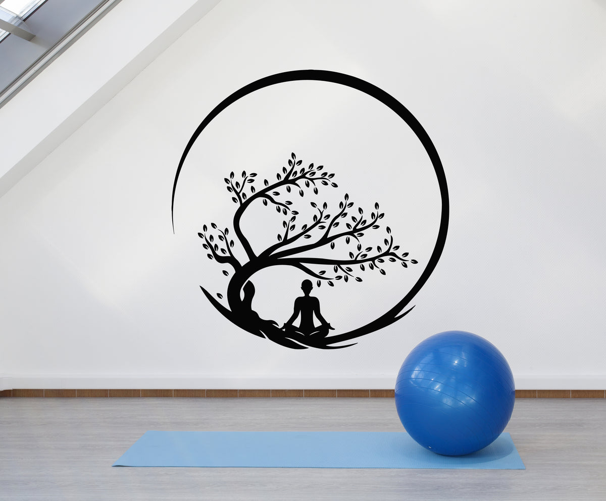 Vinyl Wall Decal Yoga Room Circle Zen Tree Lotus Pose Stickers Mural ...