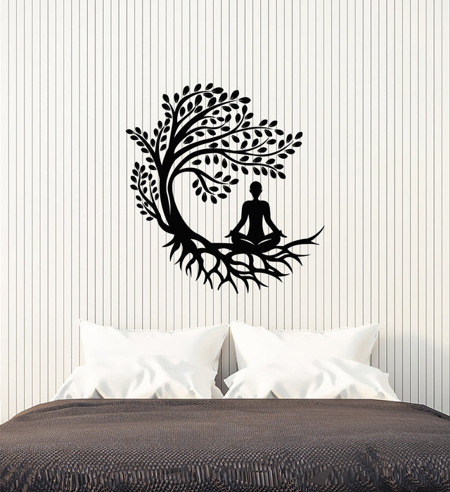 Vinyl Wall Decal Tree Roots Leaves Yoga Room Decor Meditation Pose Stickers Mural (g4745)