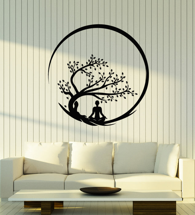 Vinyl Wall Decal Yoga Room Circle Zen Tree Lotus Pose Stickers Mural (g4772)