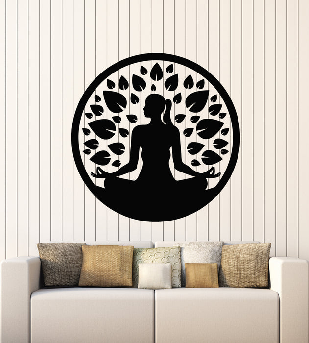 Vinyl Wall Decal Circle Meditation Girl Gym Yoga Room Leaves Stickers Mural (g5775)