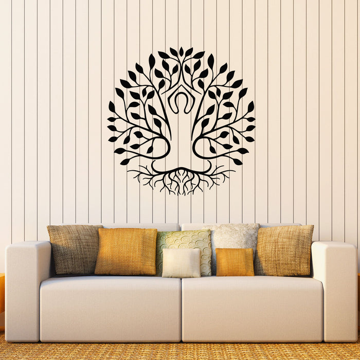 Vinyl Wall Decal Gym Yoga Room Meditation Pose Circle Tree Leaves Stickers Mural (g8200)