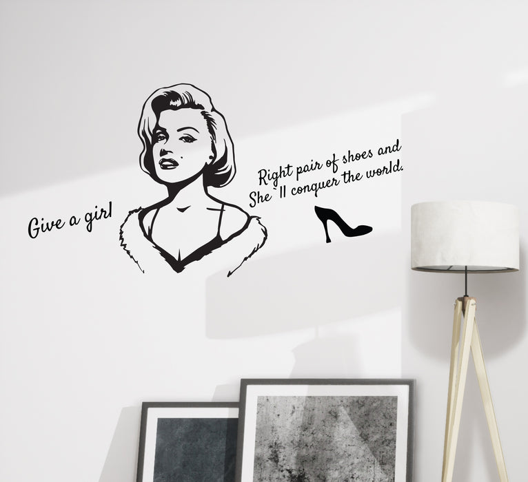 Wall Decal Phrase Marilyn Monroe Quote Right Shoes Conquer World Vinyl Decor Black 28.5 in x 15 in gz362