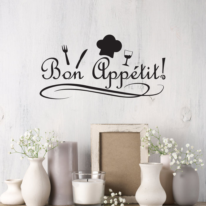 Wall Decal Kitchen Funny Restaurant Quote Bon Appetit Vinyl Decor Black 35 in x 18 in gz476