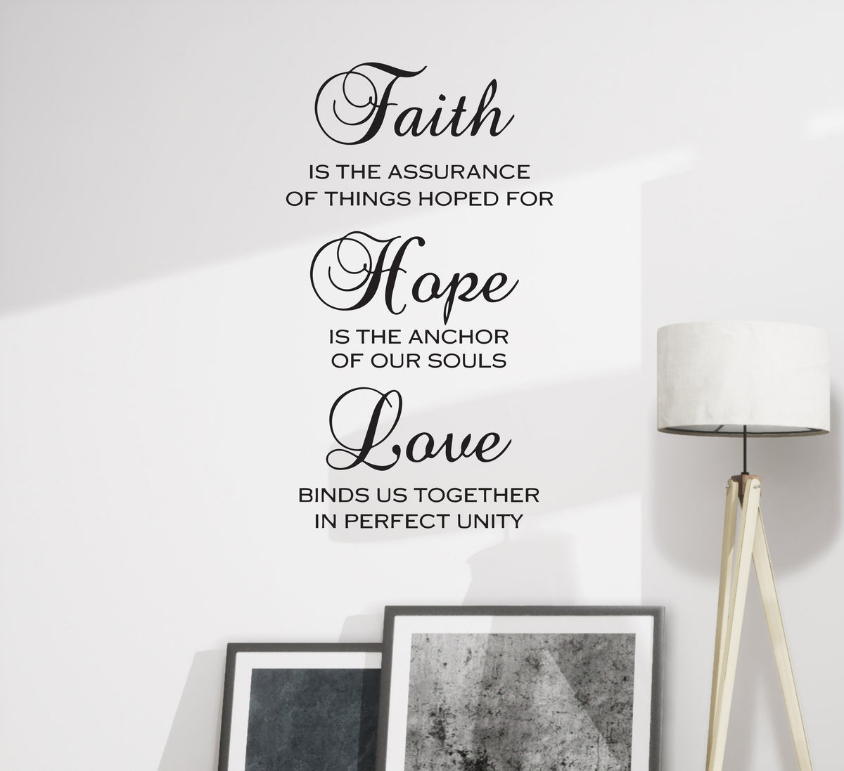 Wall Decal Faith Hope Love Quote Living Room Vinyl Decor Black 35 in x —  Wallstickers4you, image size:1200x1097