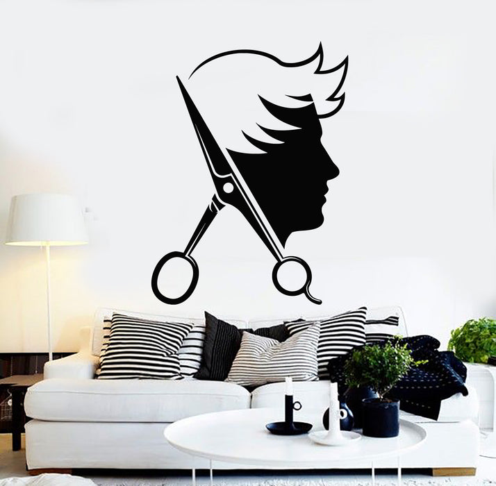 Autocollant mural en vinyle Ciseaux Outils de coupe de cheveux pour homme Autocollants de salon de coiffure Mural (g347)