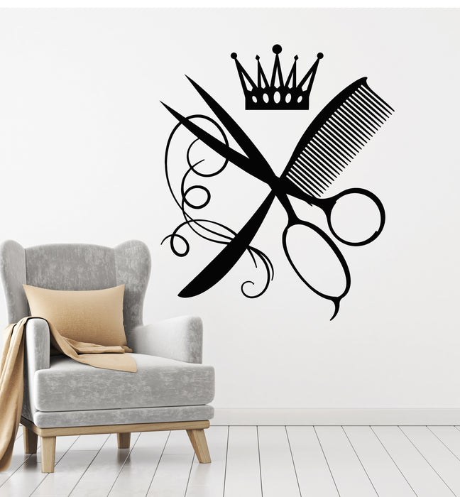 Vinyl Wall Decal Comb Scissors Crown Hairdresser Beauty Salon Stickers Mural (g1355)