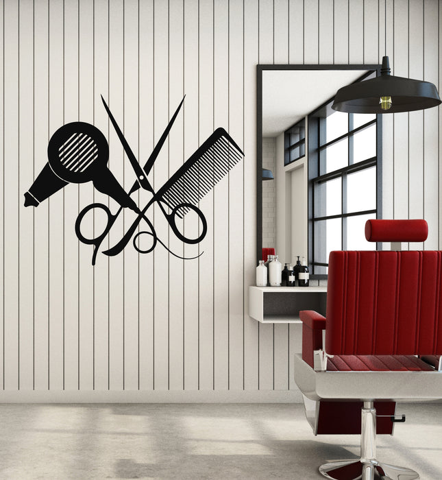 Vinyl Wall Decal Hairdresser Barber Tools Hairstyle Comb Scissors Hairdryer Stickers Mural (g2364)