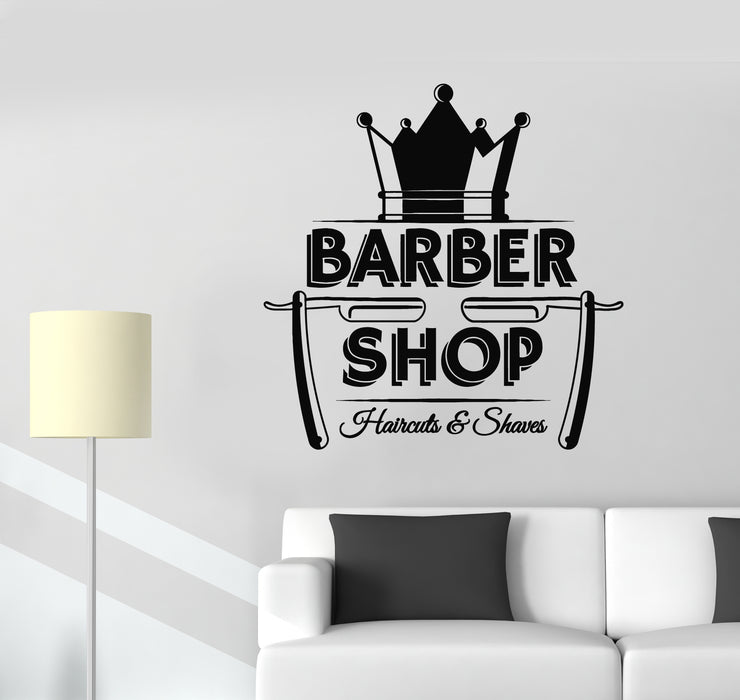 Vinyl Wall Decal Barber Barbershop Haircuts Shaves Barbershop Crown Stickers Mural (g2366)