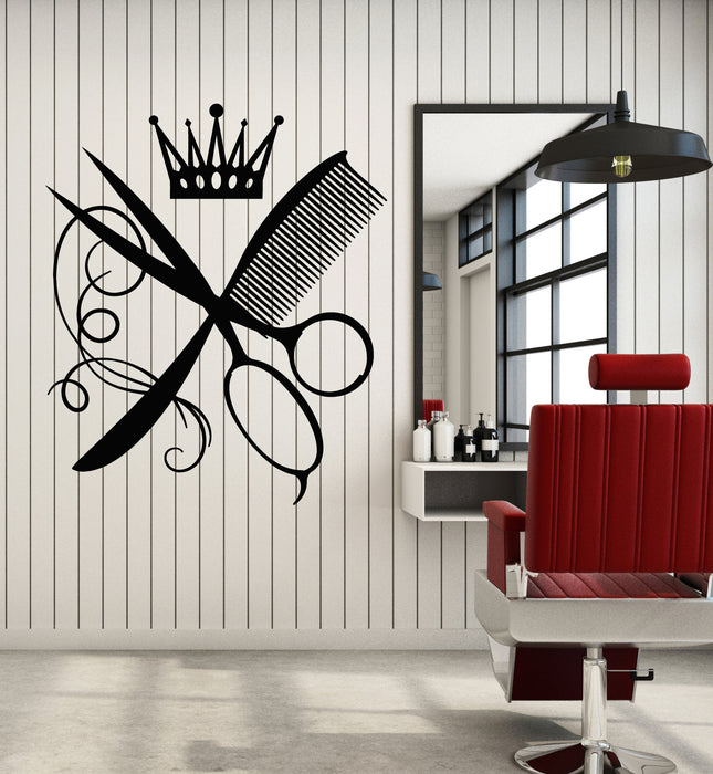 Vinyl Wall Decal Comb Scissors Crown Hairdresser Beauty Salon Stickers Mural (g1355)