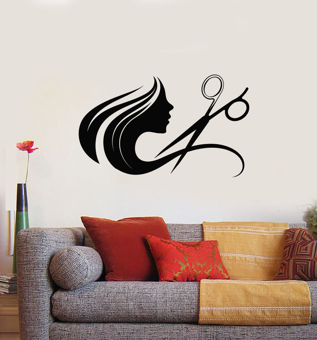 Vinyl Wall Decal Barber Shop Scissors Beautiful Haircut Long Hair Stickers Mural (g484)