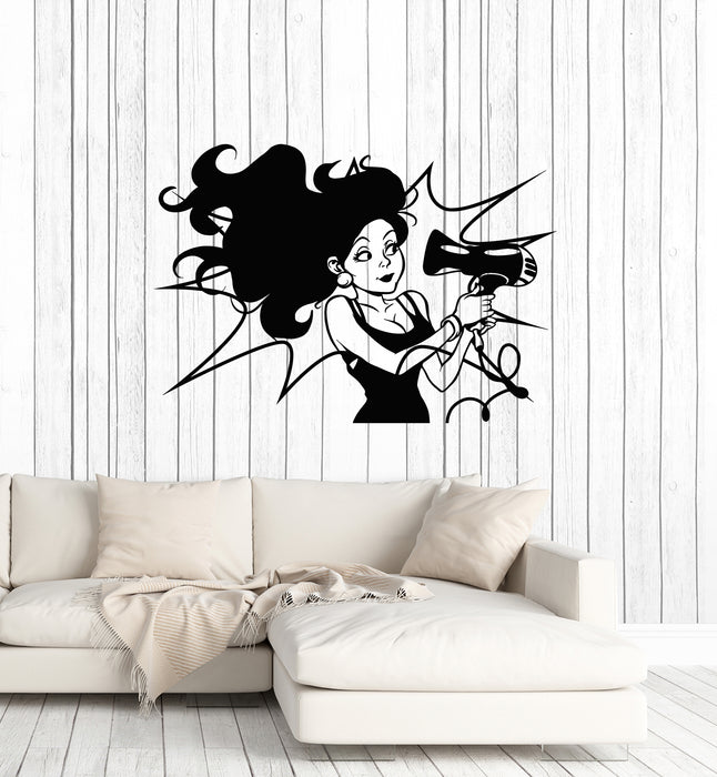 Vinyl Wall Decal Sexy Woman Barber Beauty Salon Hairdryer Stickers Mural (g1671)