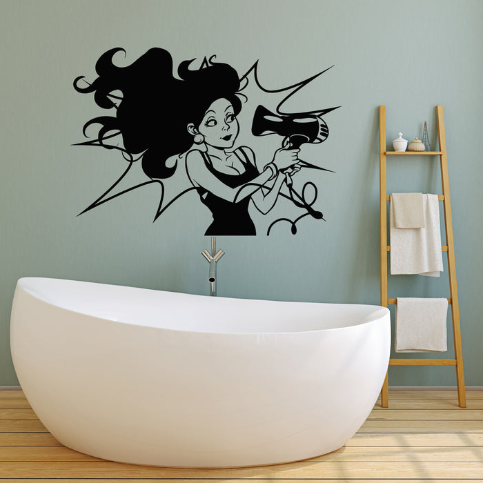 Vinyl Wall Decal Sexy Woman Barber Beauty Salon Hairdryer Stickers Mural (g1671)