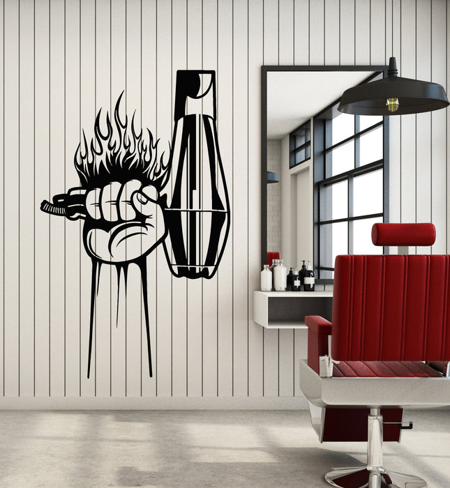 Vinyl Wall Decal Barber Shop Fire Hairdryer Hair Salon Men's Hand Stickers Mural (g4929)