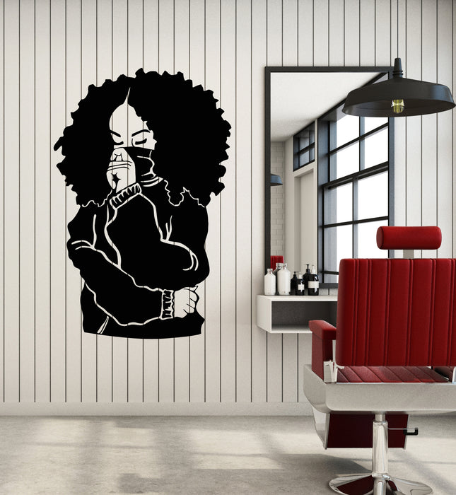 Vinyl Wall Decal Beautiful Black Lady Curly Hair Pullover Stickers Mural (g3746)
