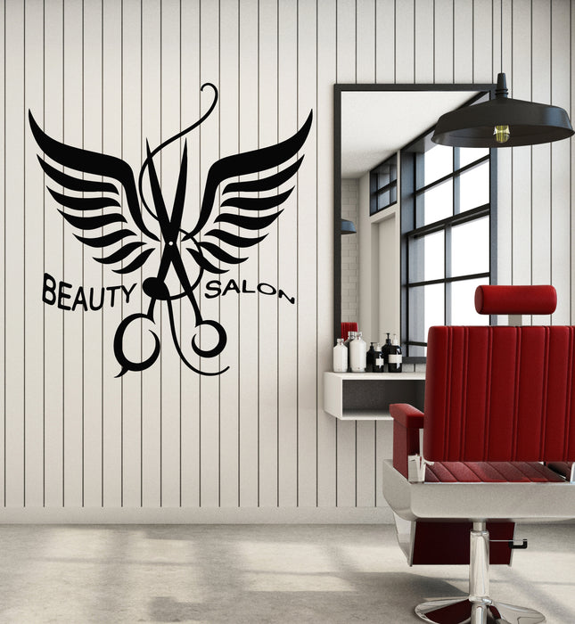 Vinyl Wall Decal Hair Beauty Salon Scissors Barber Tool Wings Stickers Mural (g6792)