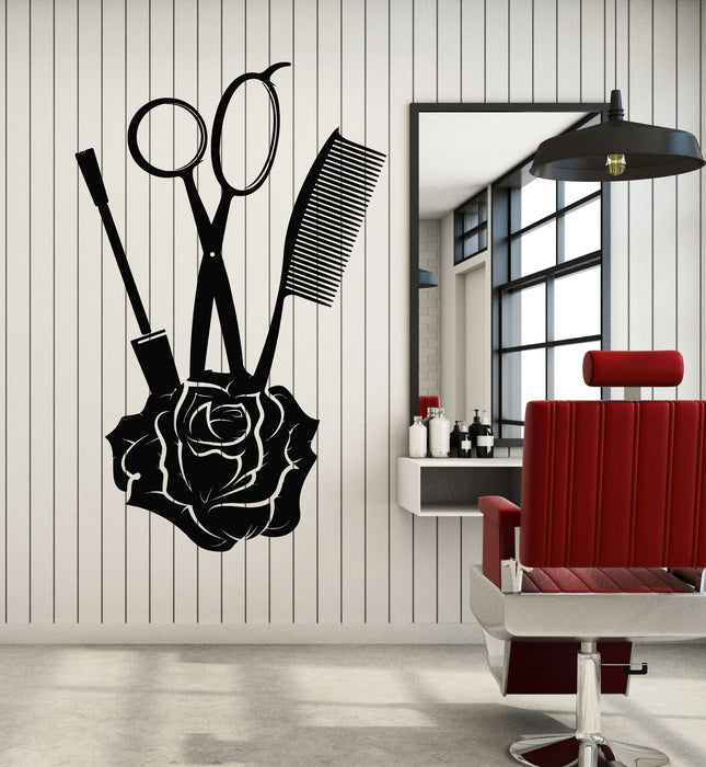 Vinyl Wall Decal Rose Scissors Comb Beauty Hair Salon Barber Tools Stickers Mural (g6893)