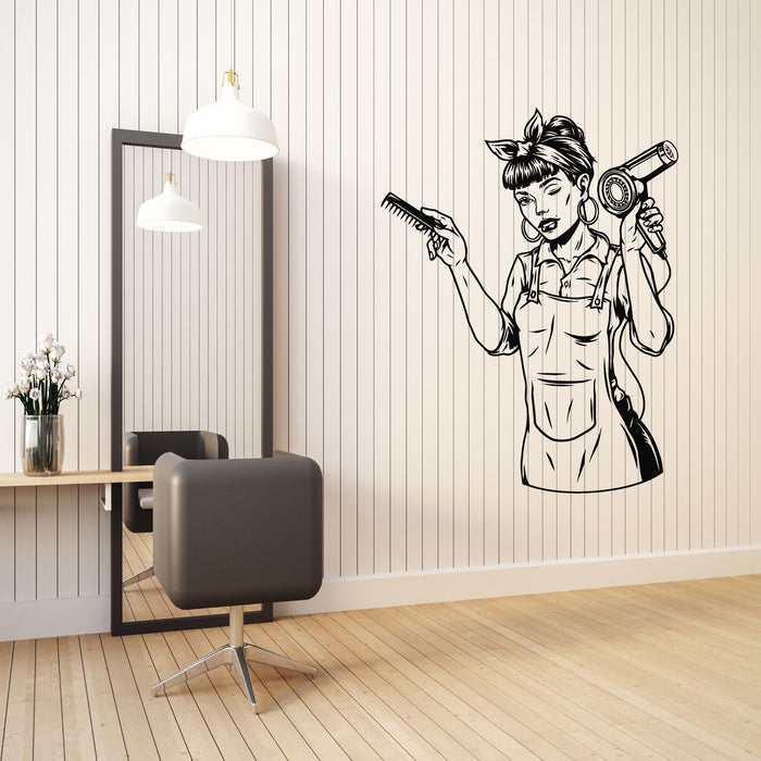Vinyl Wall Decal Beautiful Winking Female Hairdresser Hair Shop Stickers Mural (g8465)