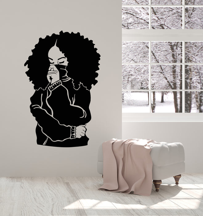 Vinyl Wall Decal Beautiful Black Lady Curly Hair Pullover Stickers Mural (g3746)