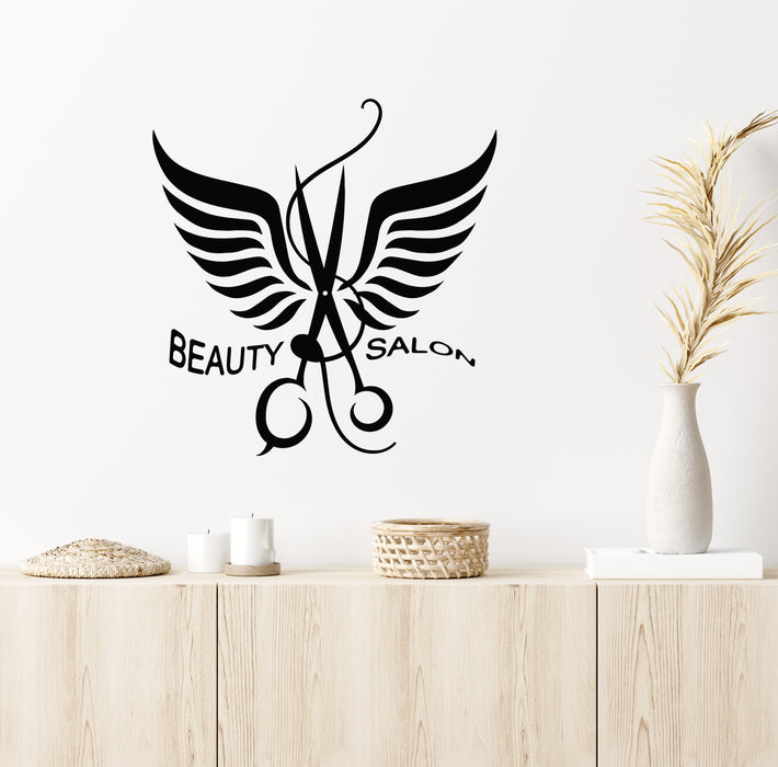 Vinyl Wall Decal Hair Beauty Salon Scissors Barber Tool Wings Stickers Mural (g6792)