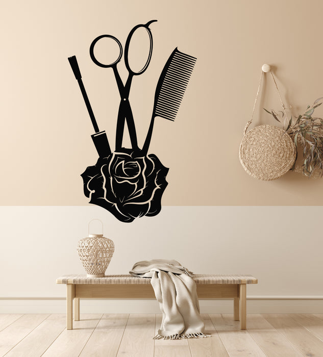 Vinyl Wall Decal Rose Scissors Comb Beauty Hair Salon Barber Tools Stickers Mural (g6893)
