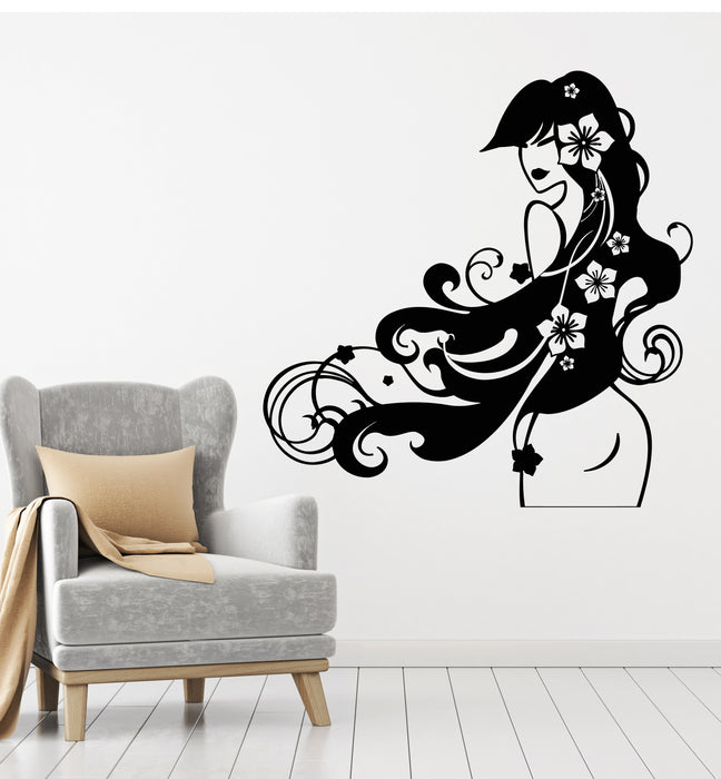 Vinyl Wall Decal Barber Beauty Salon Stylist Long Hair Flowers Stickers Mural (g4949)