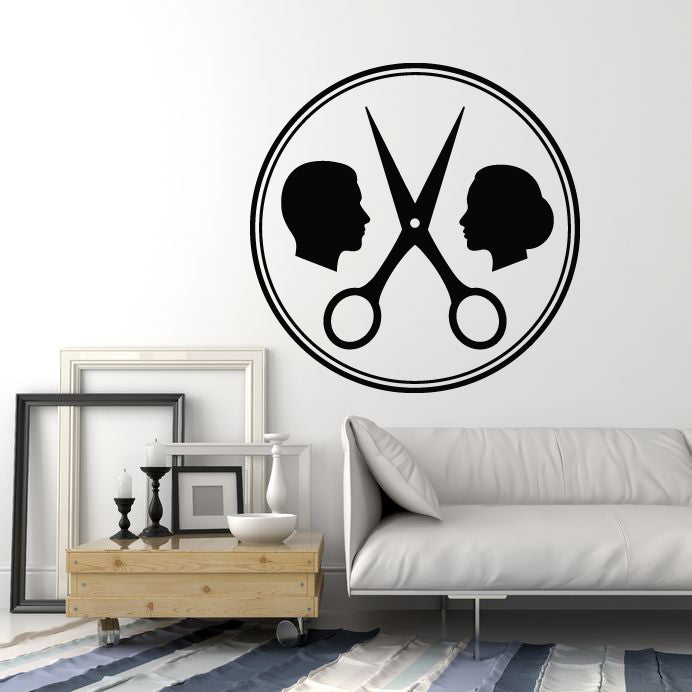 Vinyl Wall Decal Hair Cutting Man Woman Scissors Barbershop Stickers Mural (g4992)