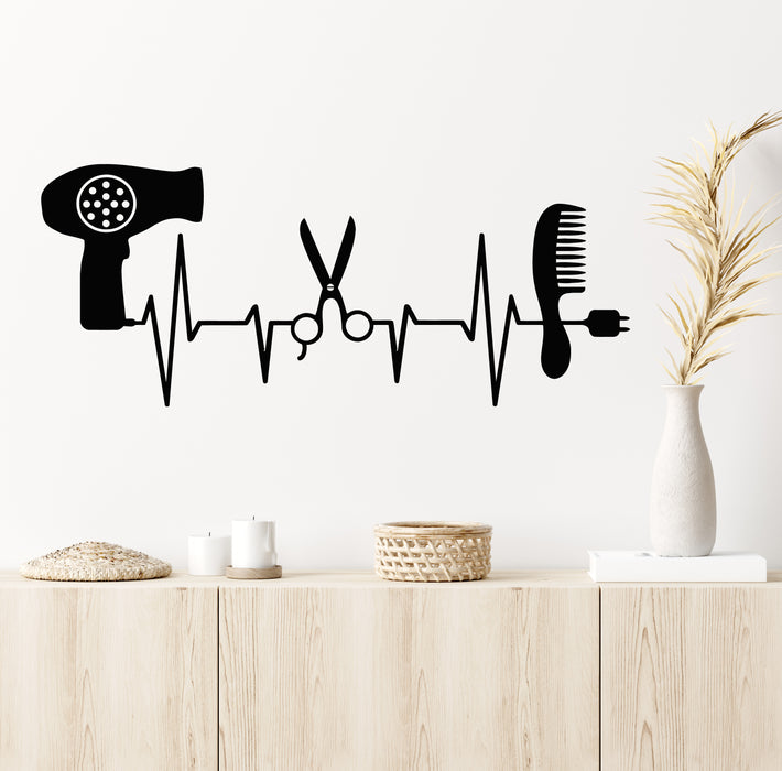 Vinyl Wall Decal Cardiogram Hair Dryer Scissors Comb Hair Salon Stickers Mural (g6163)