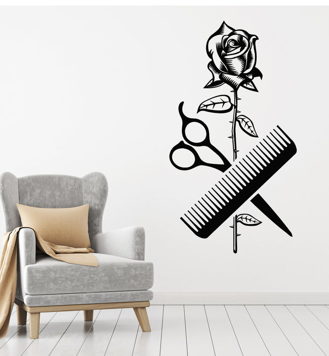 Vinyl Wall Decal Hairstyle Female Hair Salon Scissors Comb Rose Stickers Mural (g7373)