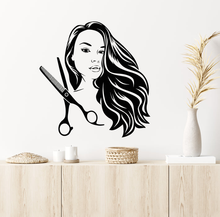 Vinyl Wall Decal Scissors Beautiful Girl With Fluttering Hair Beauty Salons Styling Haircut Stickers Mural (g7443)