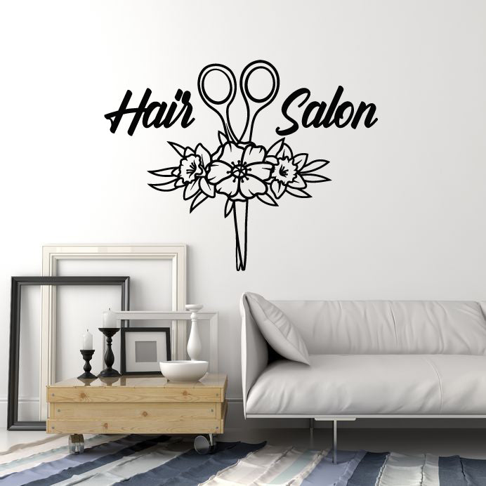 Vinyl Wall Decal Scissors Flowers Woman Beauty Hair Salon Art Decor Stickers Mural (g3942)