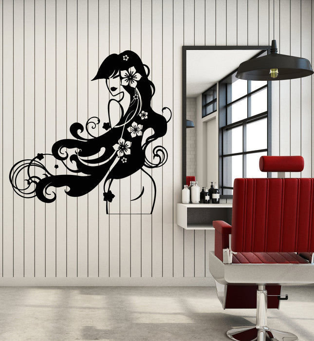 Vinyl Wall Decal Barber Beauty Salon Stylist Long Hair Flowers Stickers Mural (g4949)