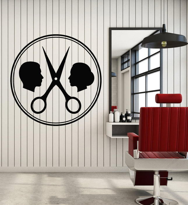 Vinyl Wall Decal Hair Cutting Man Woman Scissors Barbershop Stickers Mural (g4992)