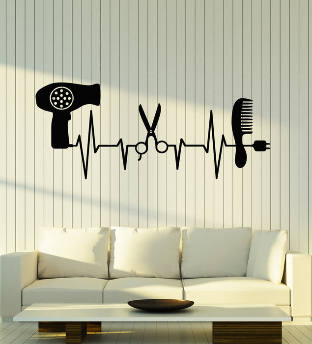 Vinyl Wall Decal Cardiogram Hair Dryer Scissors Comb Hair Salon Stickers Mural (g6163)