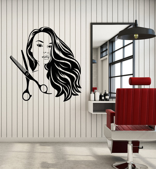 Vinyl Wall Decal Scissors Beautiful Girl With Fluttering Hair Beauty Salons Styling Haircut Stickers Mural (g7443)