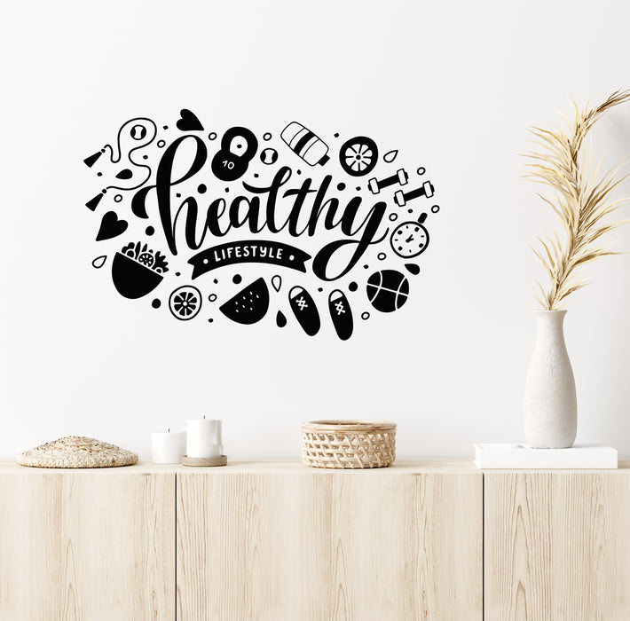 Healthy Vinyl Wall Decal Lettering Lifestyle Dumbbell Sport Food Water Stickers Mural (k314)