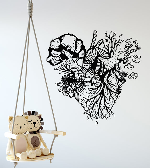 Vinyl Wall Decal Anatomical Heart With Forest House Tree Decor Stickers Mural (g7949)